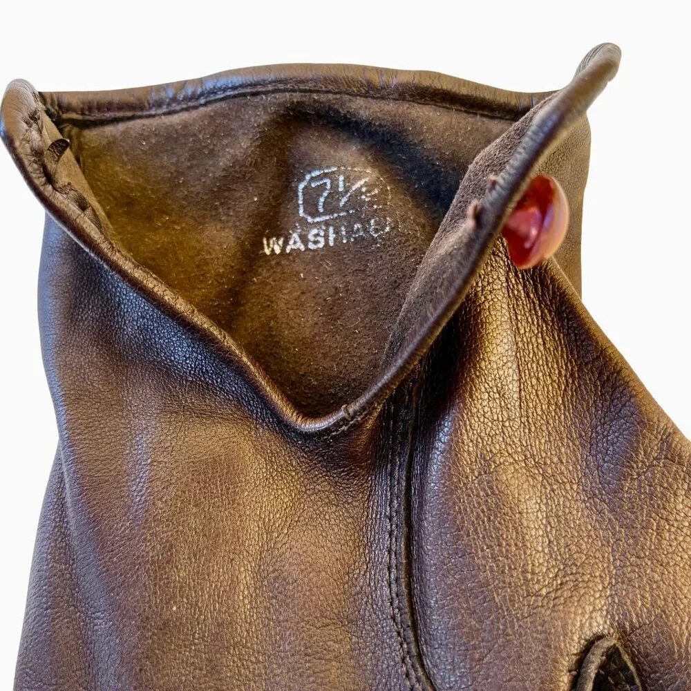 Vintage Brown Leather Gloves Unlined Button Wrist WASHABLE Womens 7.5